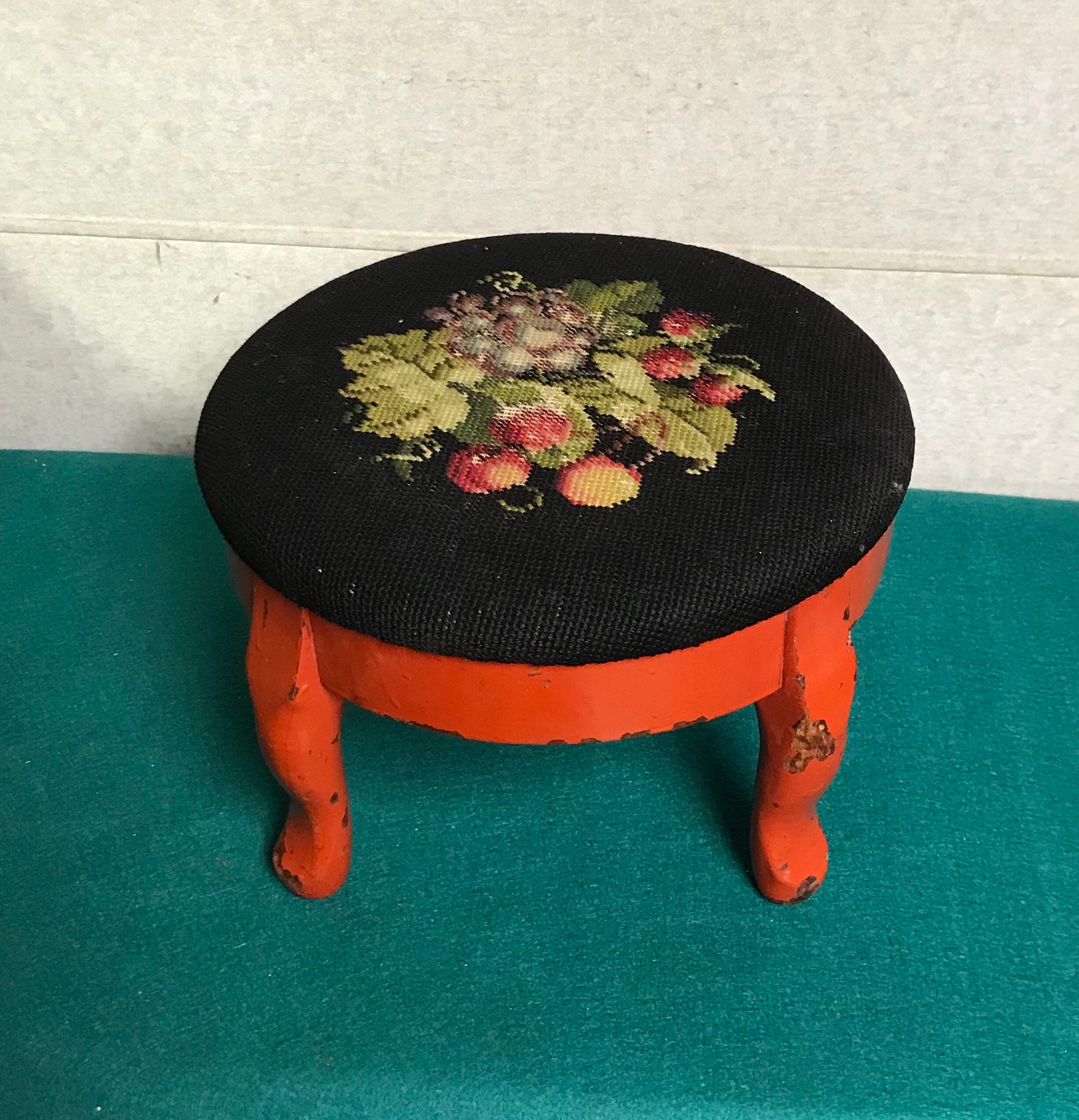 Round Needlepoint Footstool With Wood Base and Legs, Upholstered Top