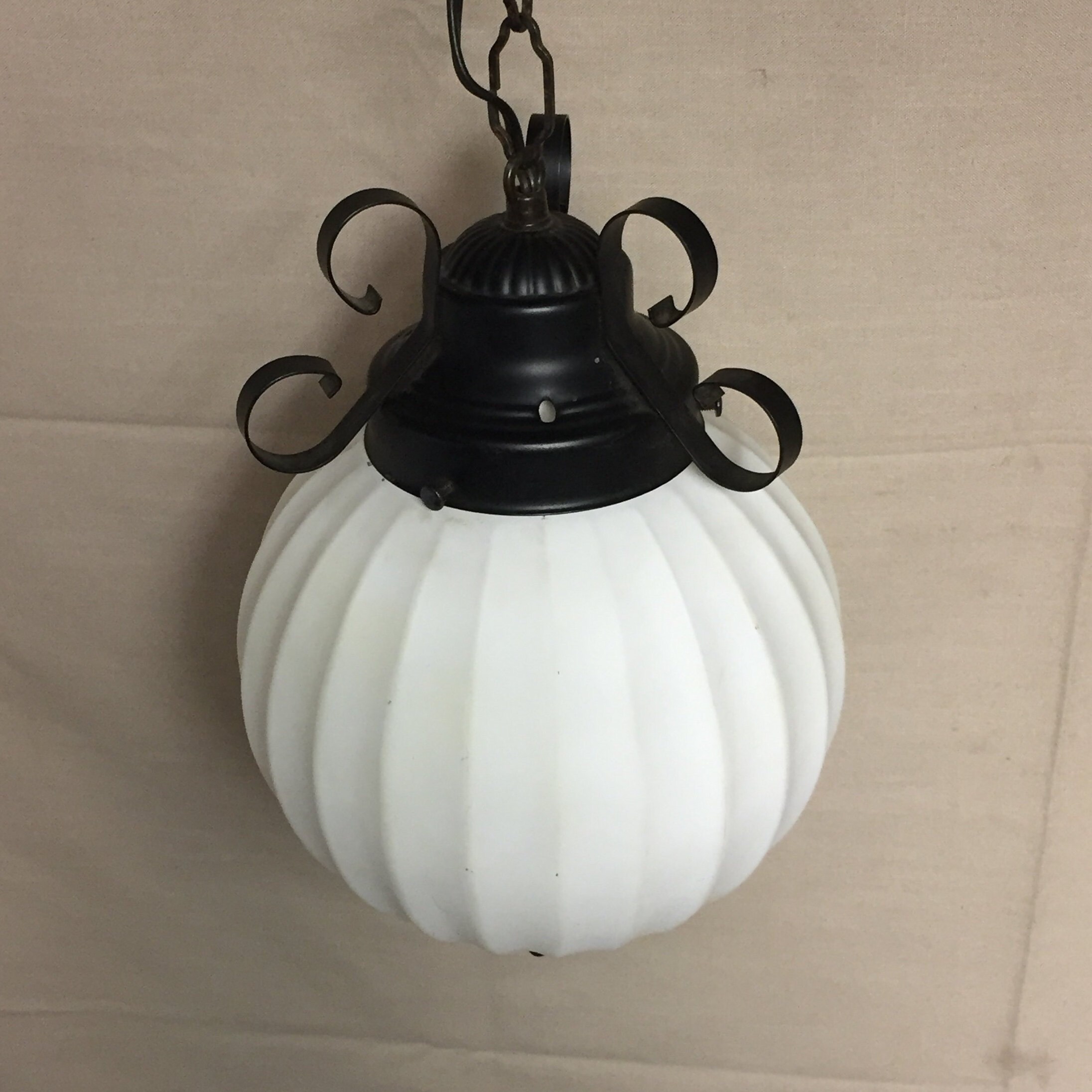 Mid Century Milk Glass Wrought Iron Swag Light Ball Globe Spanish