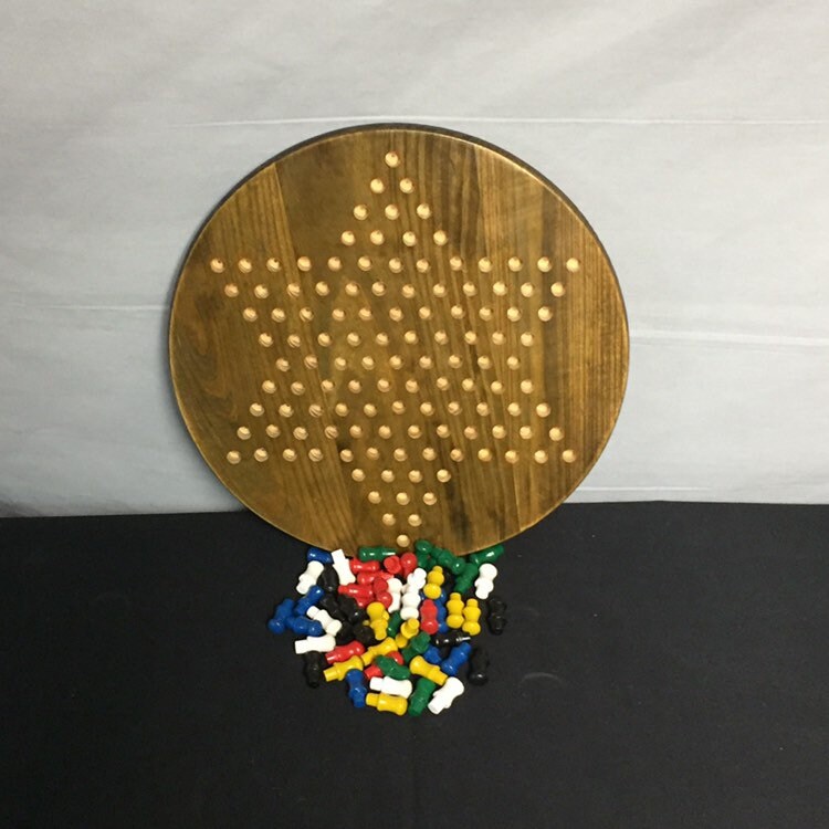 Wooden Round Vintage Chinese Checker Board with 60 Wooden Colored Pegs