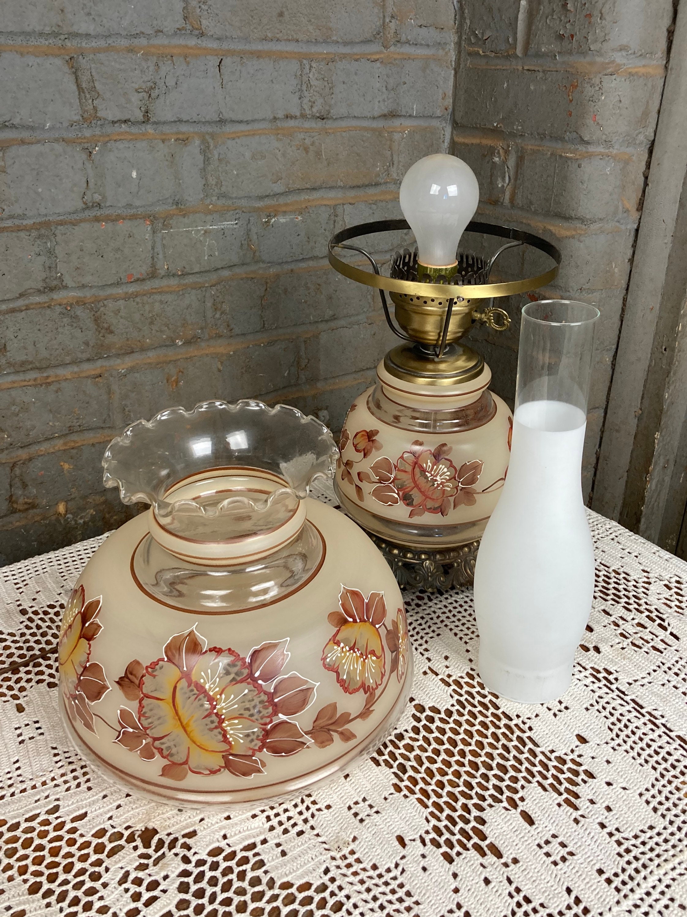 A Victorian Glass Hurricane Table Lamp, Painted Beaded Floral, With