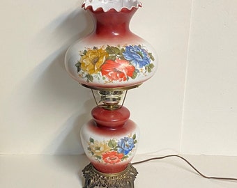 A Gorgeous Victorian Electric Hurricane Table Lamp, Burgundy with Blue, Yellow, and Red Flowers