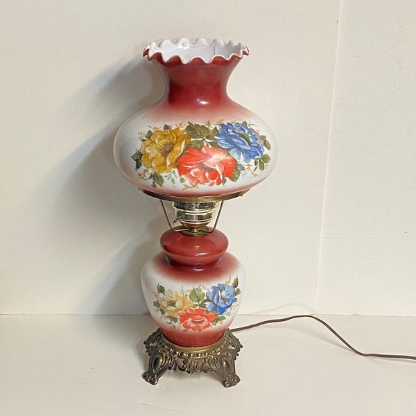 A Gorgeous Victorian Electric Hurricane Table Lamp, Burgundy with Blue, Yellow, and Red Flowers