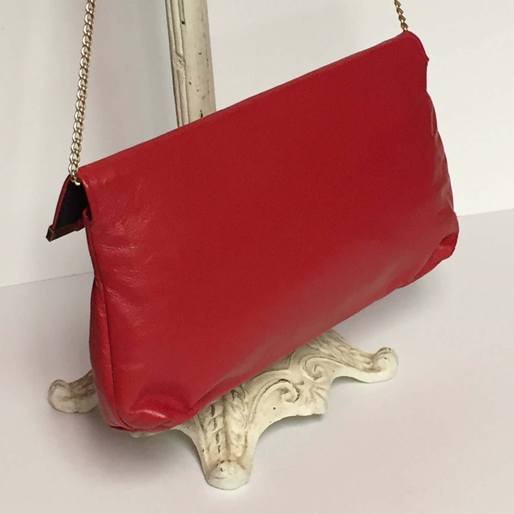 Vintage Red Faux Leather, Ande Clutch Purse,