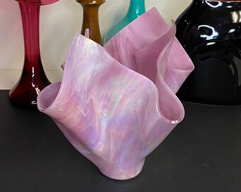 Opalescent Pink Handkerchief Vase, Pinched Art Glass Vase
