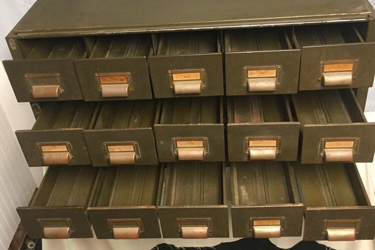 Vintage Industrial Green 5 Drawer Steel Parts Index Card