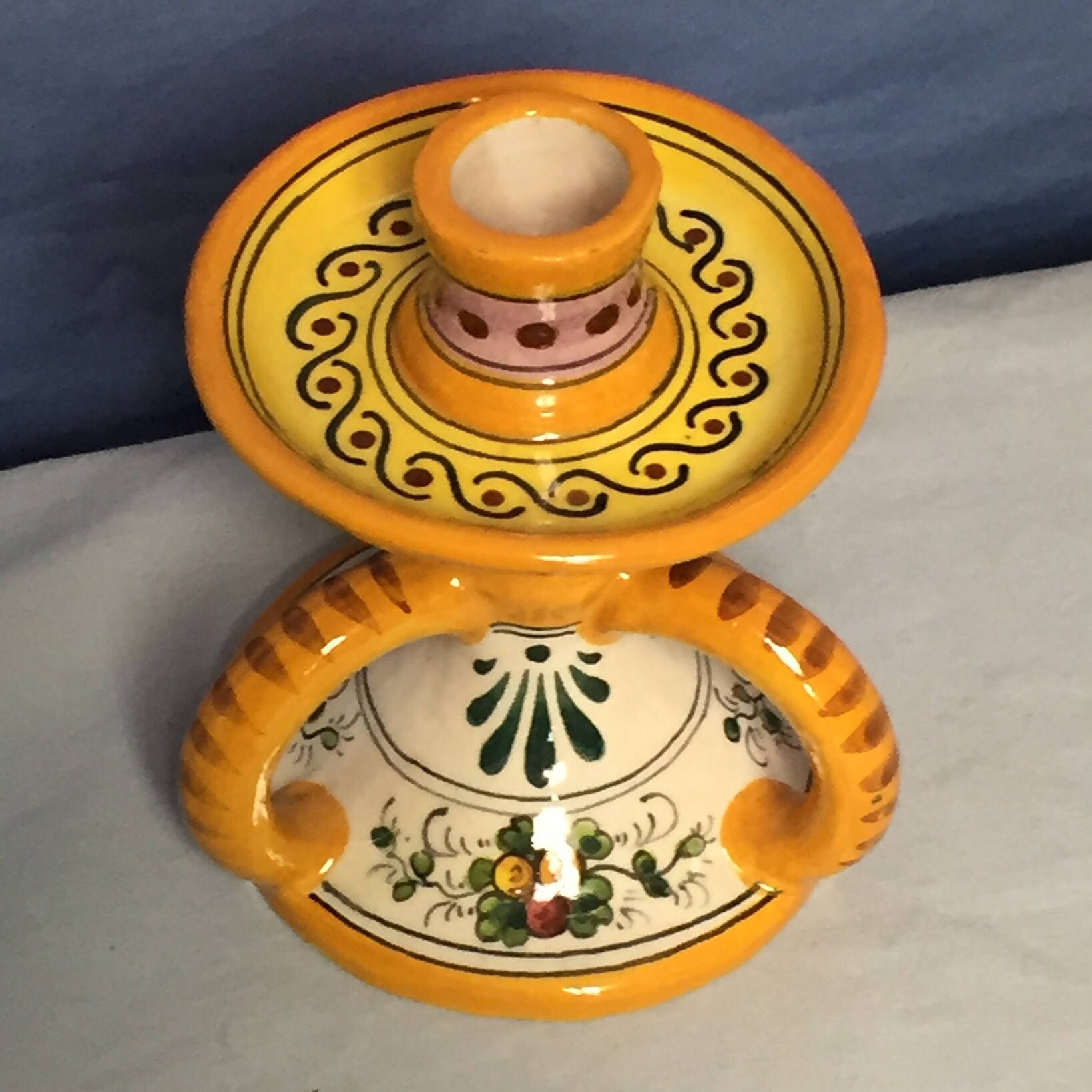 Orange Deruta Ceramic Candlestick Holder, Made in Italy