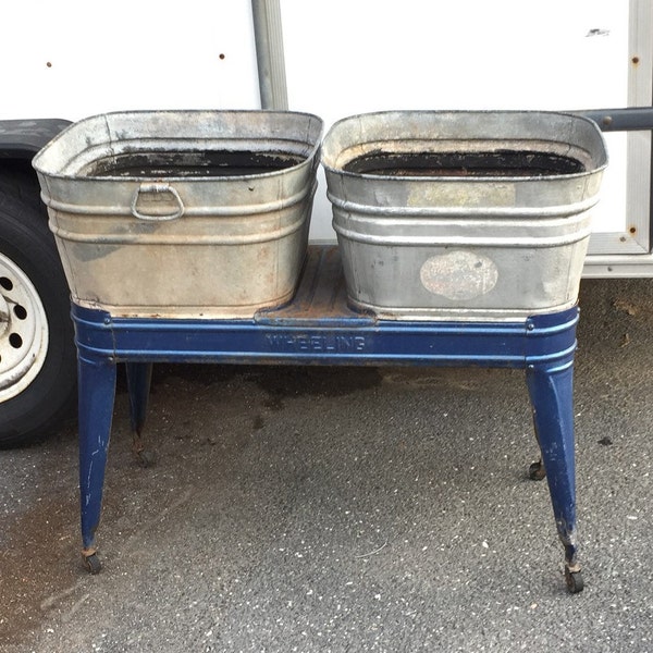 Vintage WHEELER Galvanized Double Wash Tubs with Stand, Mid Century Metal Tubs, Rustic Planter, Party Cooler, Primitive Industrial, Shabby