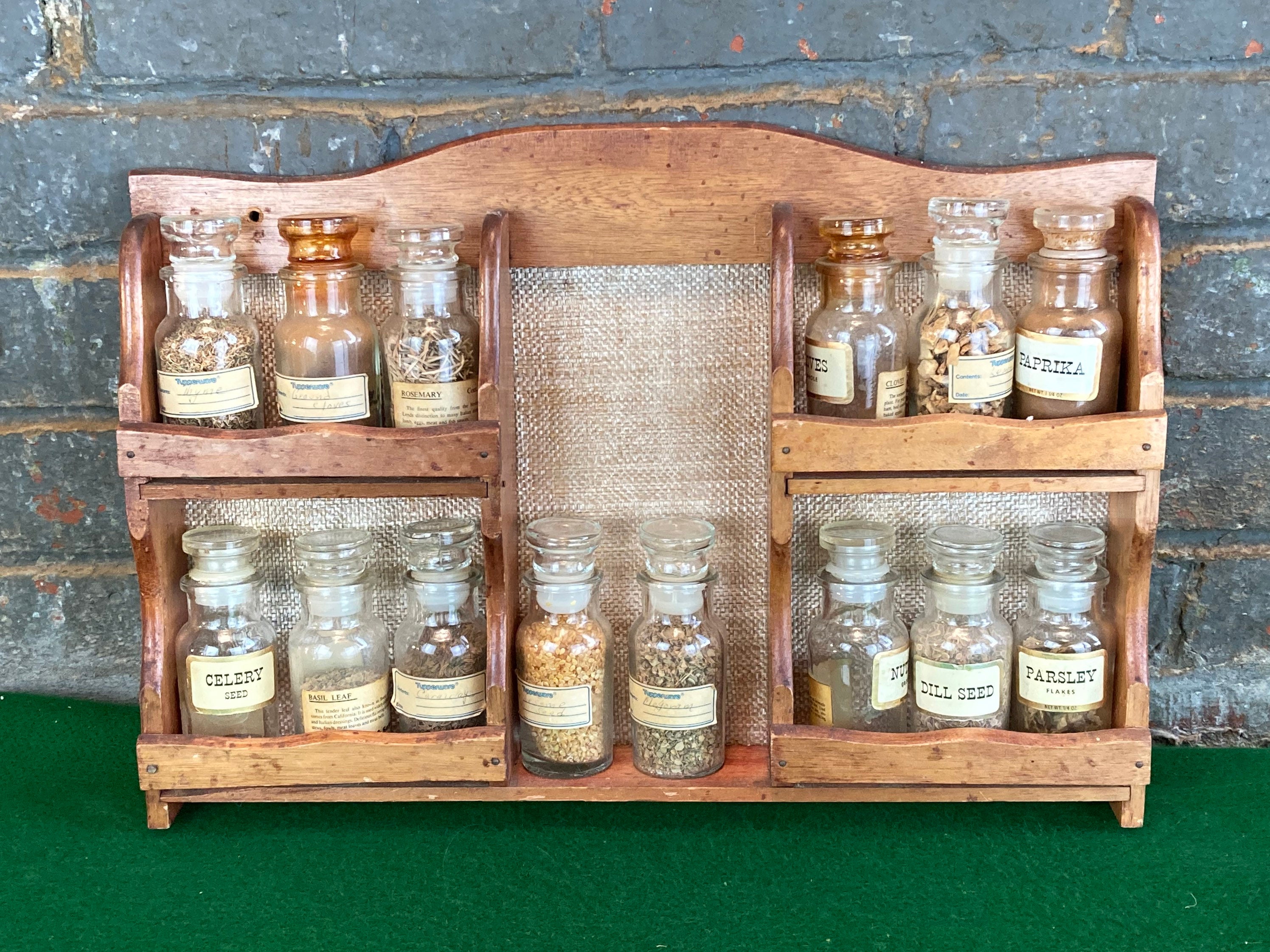 Vintage Wooden Spice Rack with 8 Apothecary Spice Jars Mid Century 1960