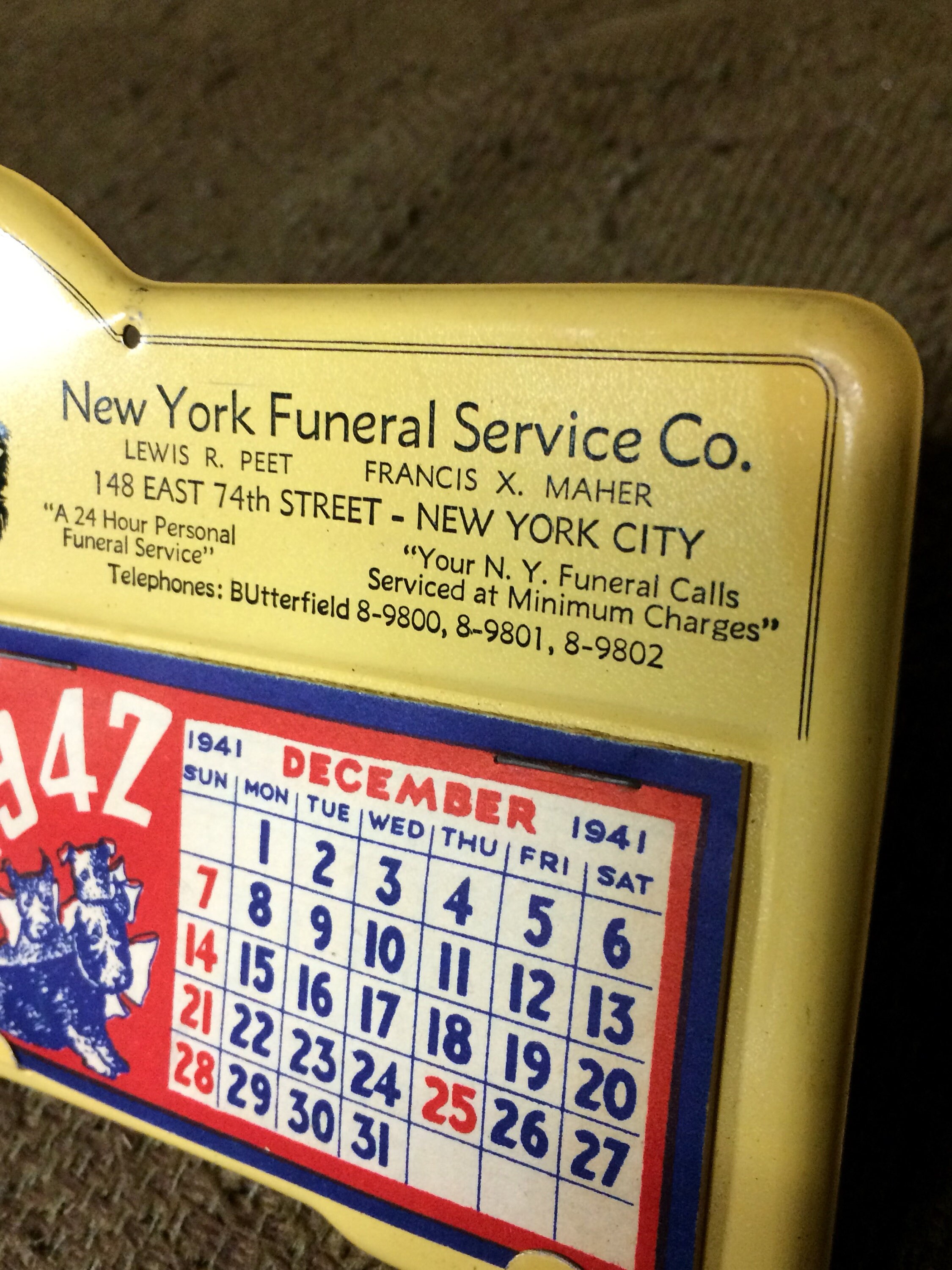 Antique 1942 Metal FUNERAL HOME Desk Calendar Advertising Sign w