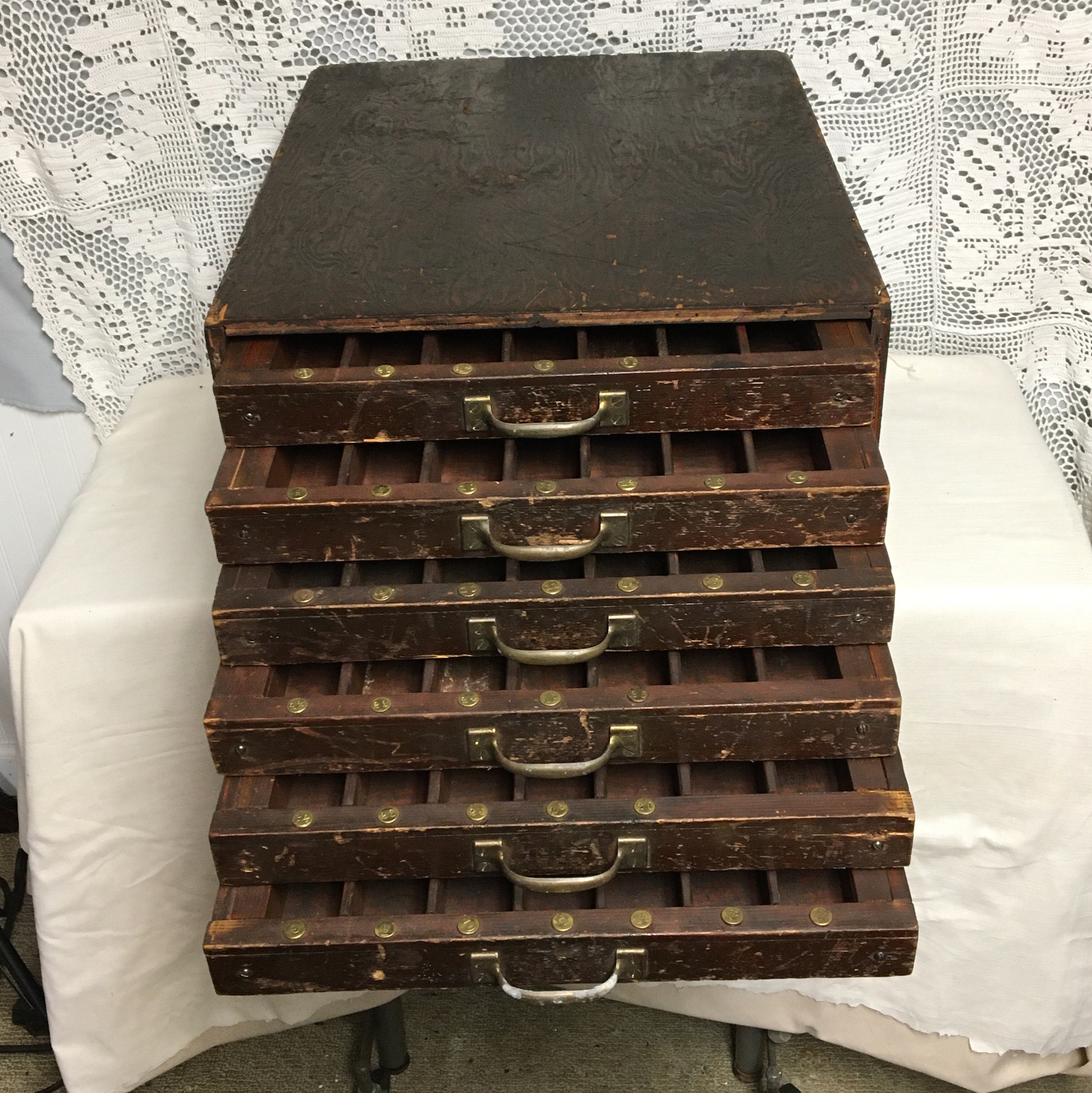 Antique Wooden 6 Drawer Eye Doctor Table Top Apothecary