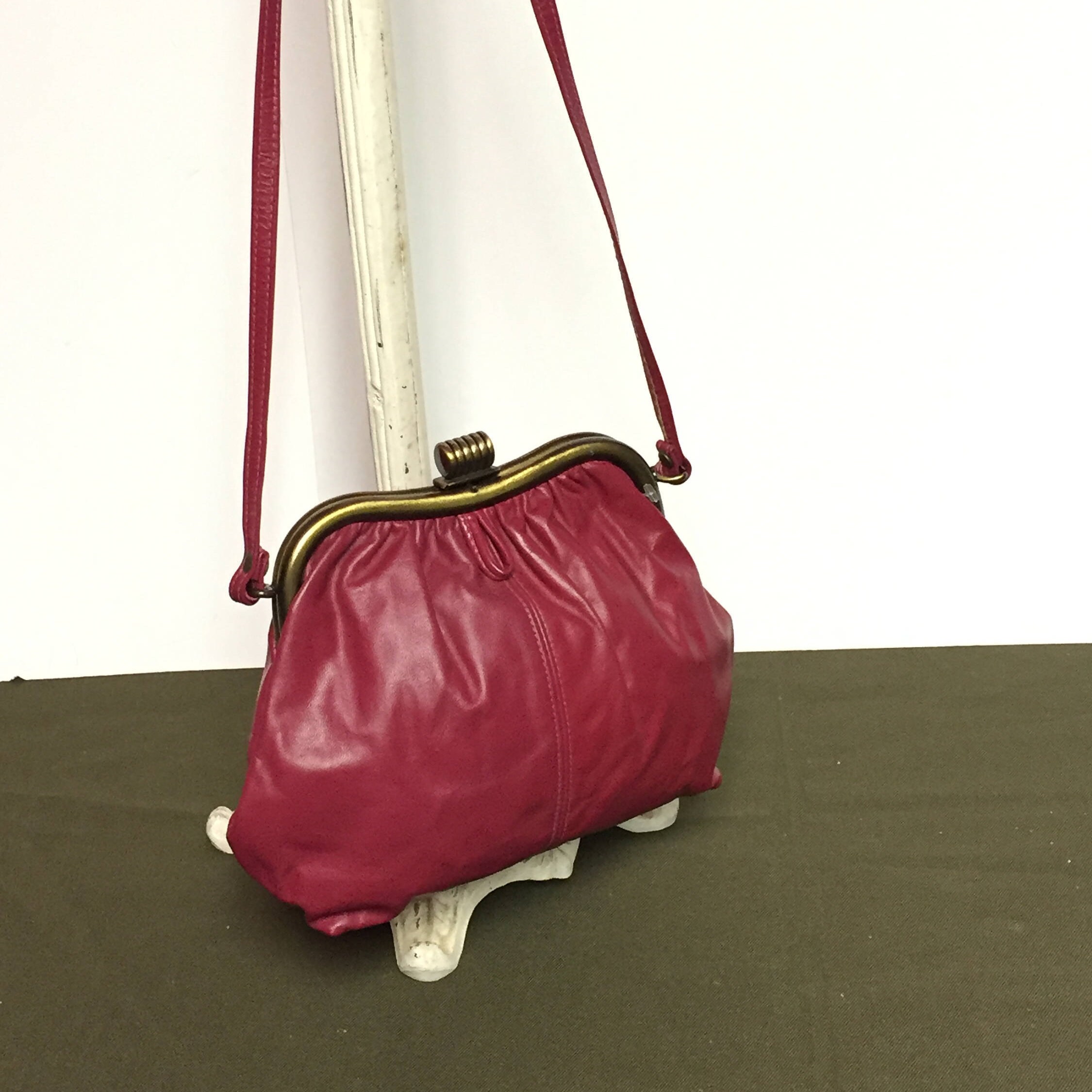 Vintage Red Leather Clutch Purse, Made in Haiti, Adjustable strap Handbag