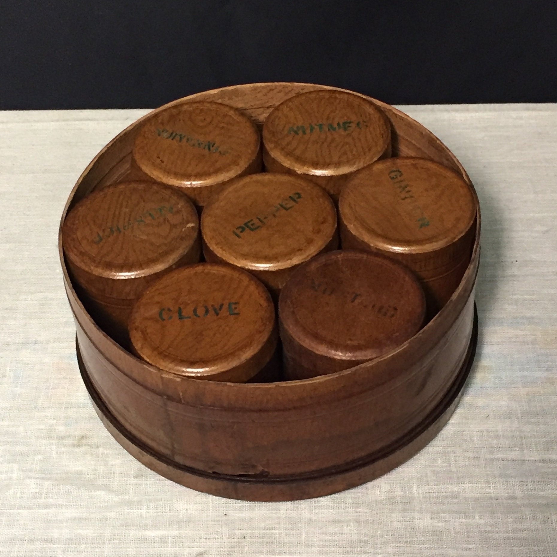 Antique Round Spice Box with Seven Spice Containers, Bentwood Spice Box