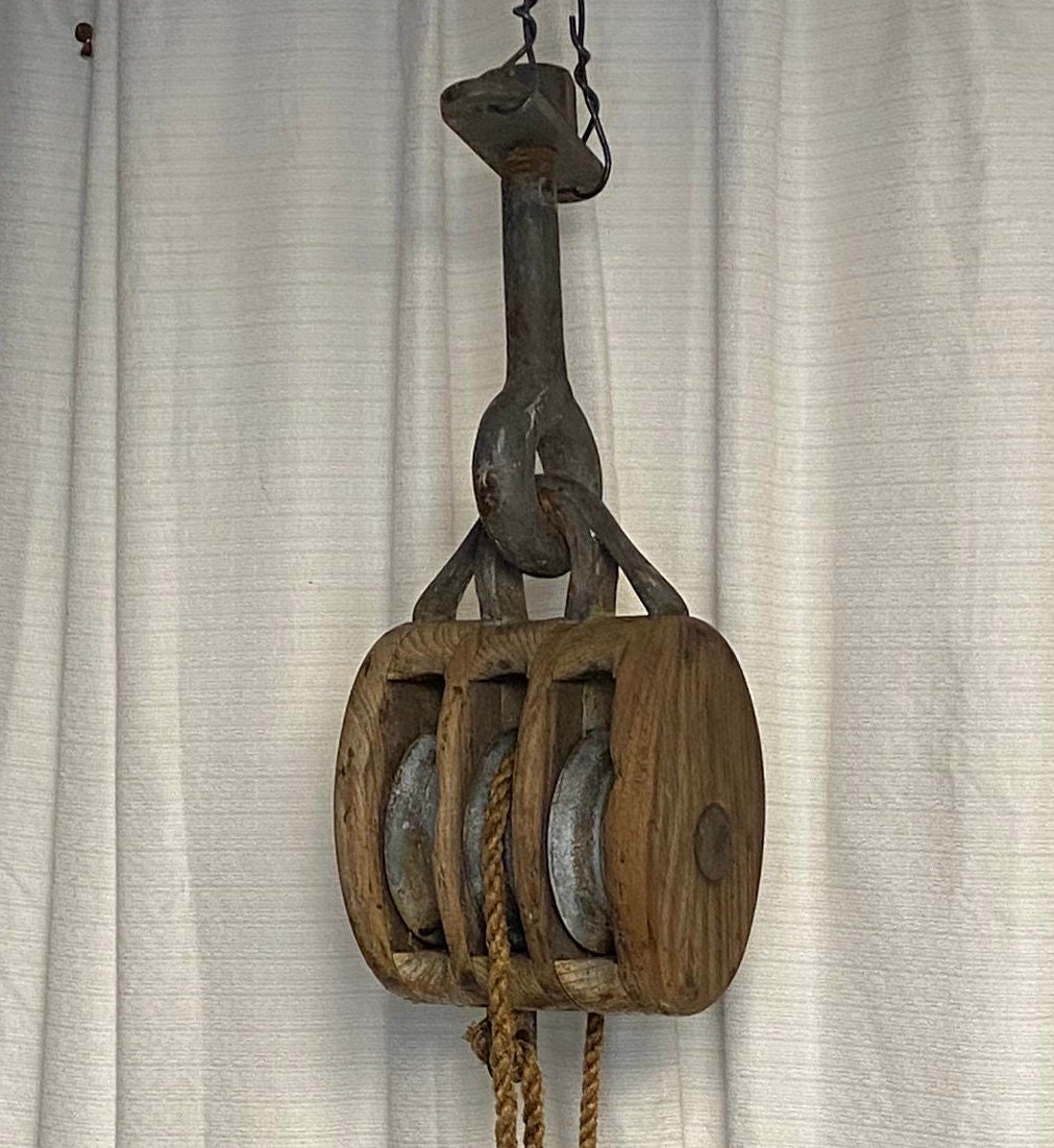 Vintage Wooden Triple Pulley with 2 Small Pulleys and Rope, Block and Tackle, Nautical Salvage
