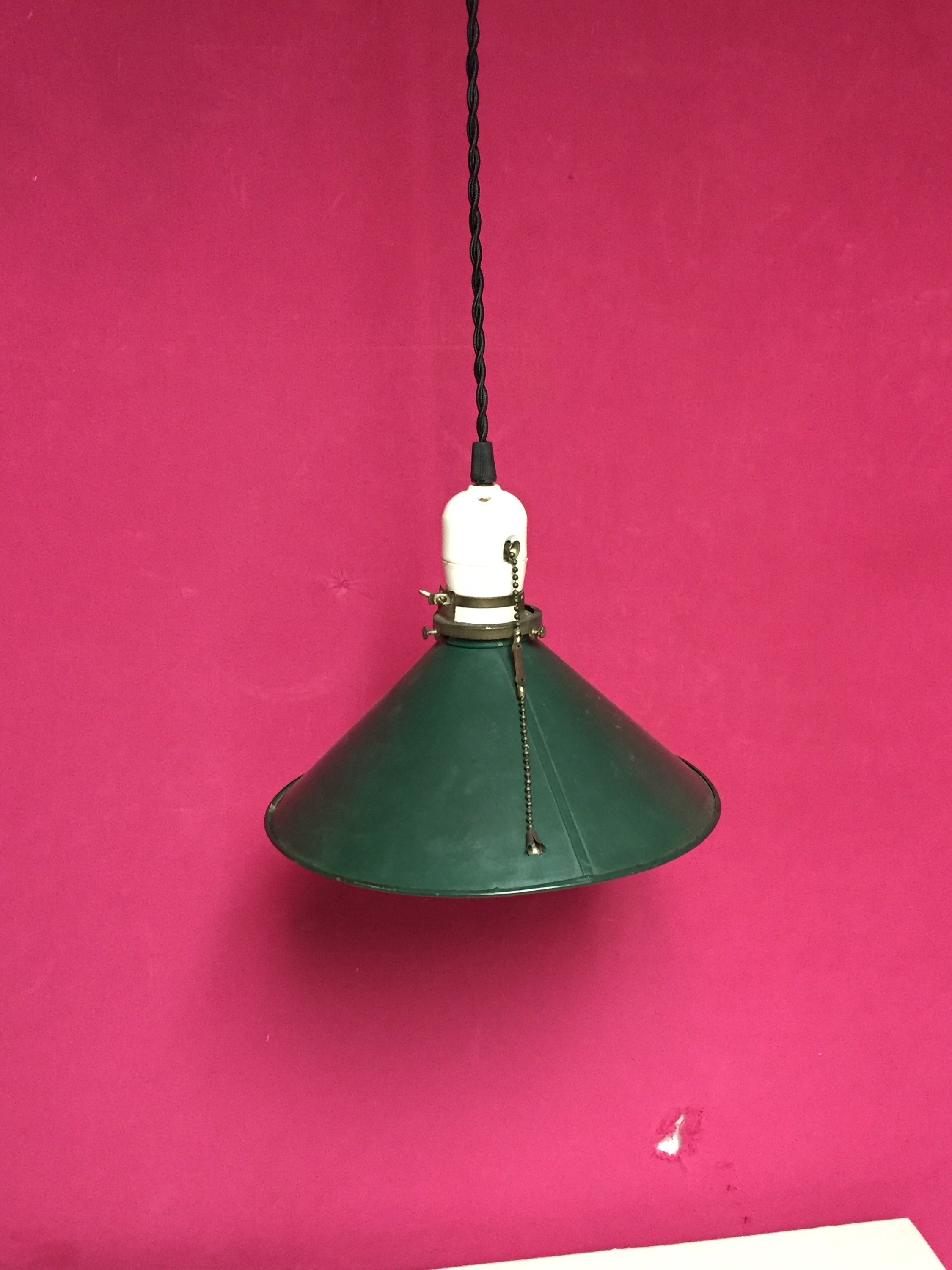 Old Industrial Green Metal Pendant Barn Light Fixture with Porcelain