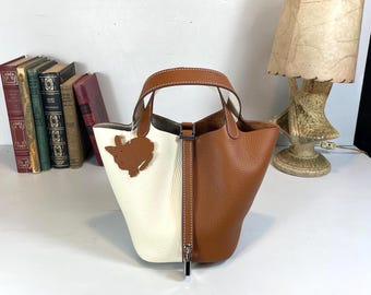 Leather Lock Bucket Bag, Brown and White, Double Handle, Tote Bag with Locked Strap, Bunny Accent
