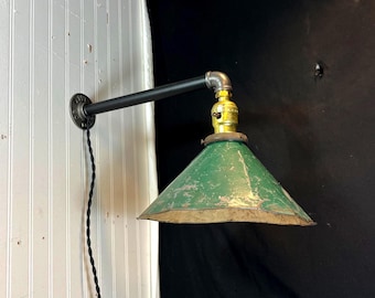 Old Original Green Metal Barn Light Fixture Electric Wall Sconce, Industrial Light Shade