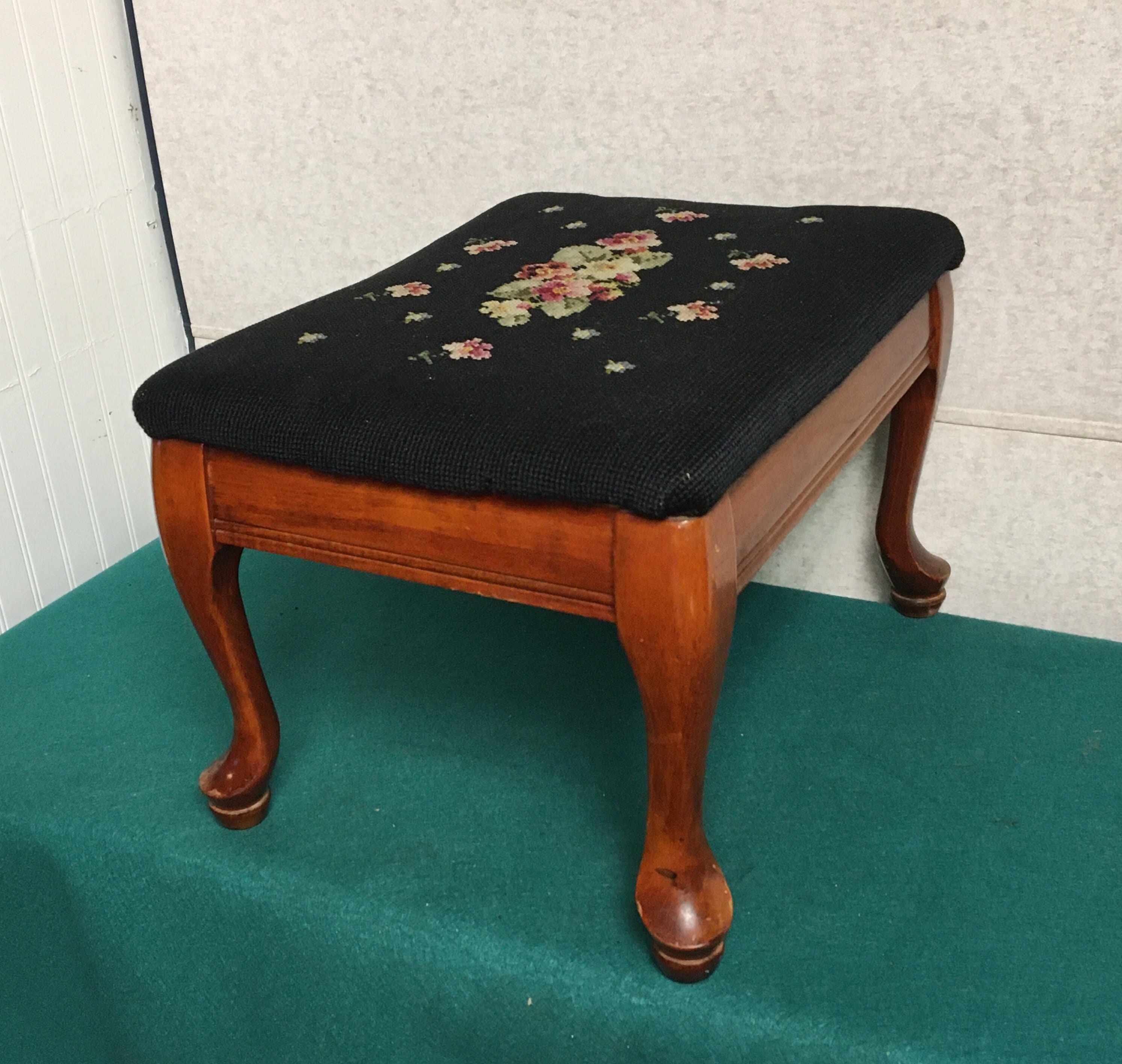 Vintage Black Needlepoint Footstool, Queen Anne Style Wooden Stool, Floral Needlepoint Top