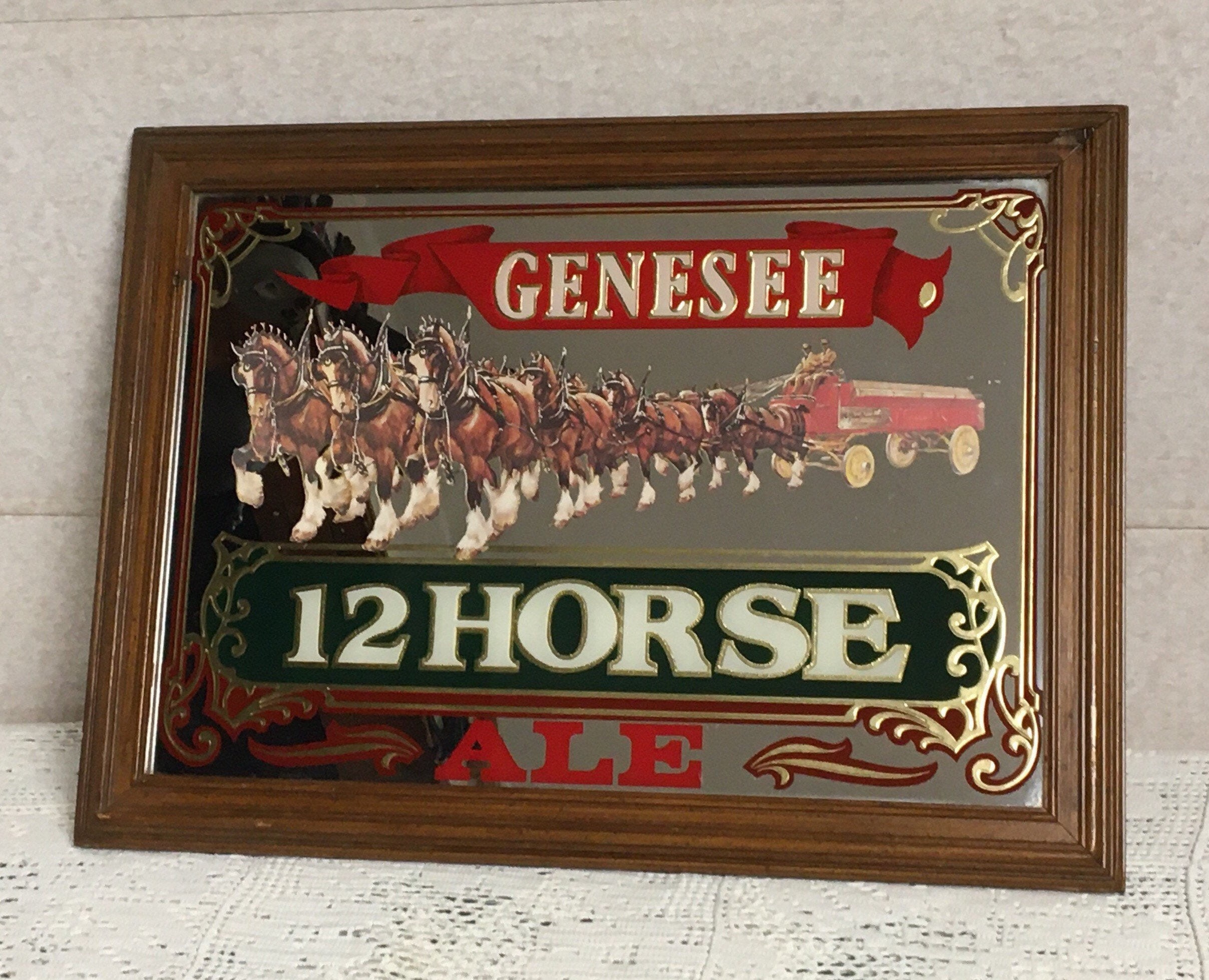 Original 1980's Genesee Beer 12 Horse Ale Framed Bar Mirror