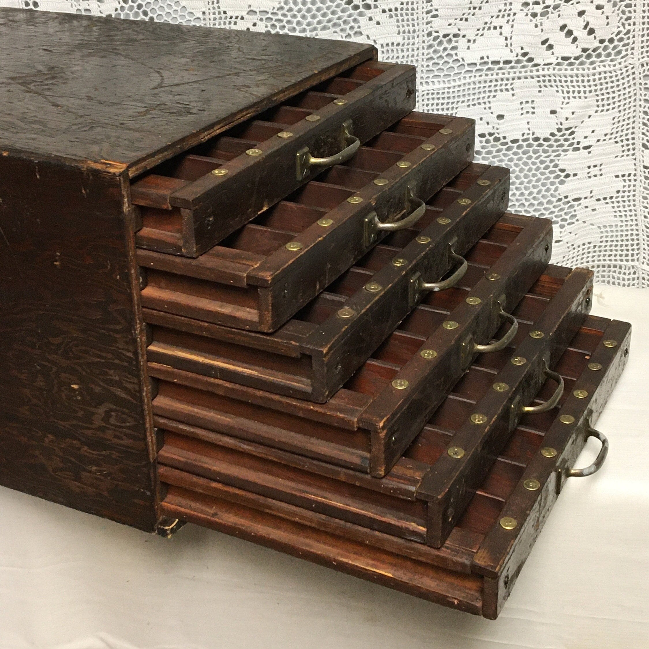 Antique Wooden 6 Drawer Eye Doctor Table Top Apothecary