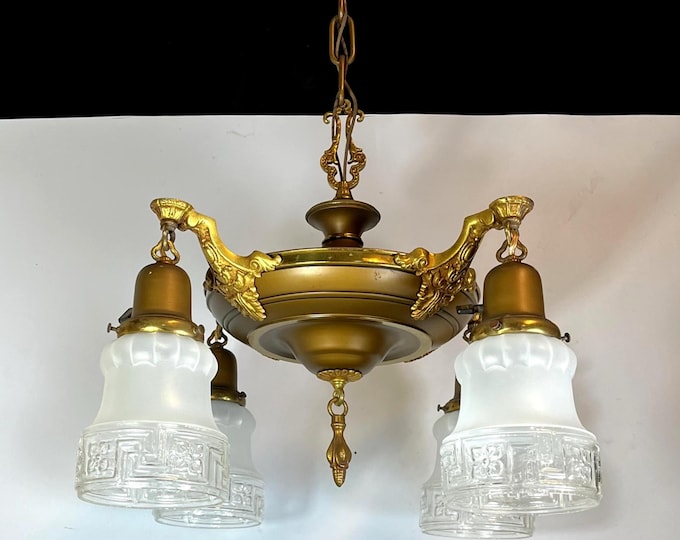 Featured listing image: 1920's Antique 4 Arm Brass Chandelier Ceiling Light Fixture Pan Light, Victorian: REWIRED
