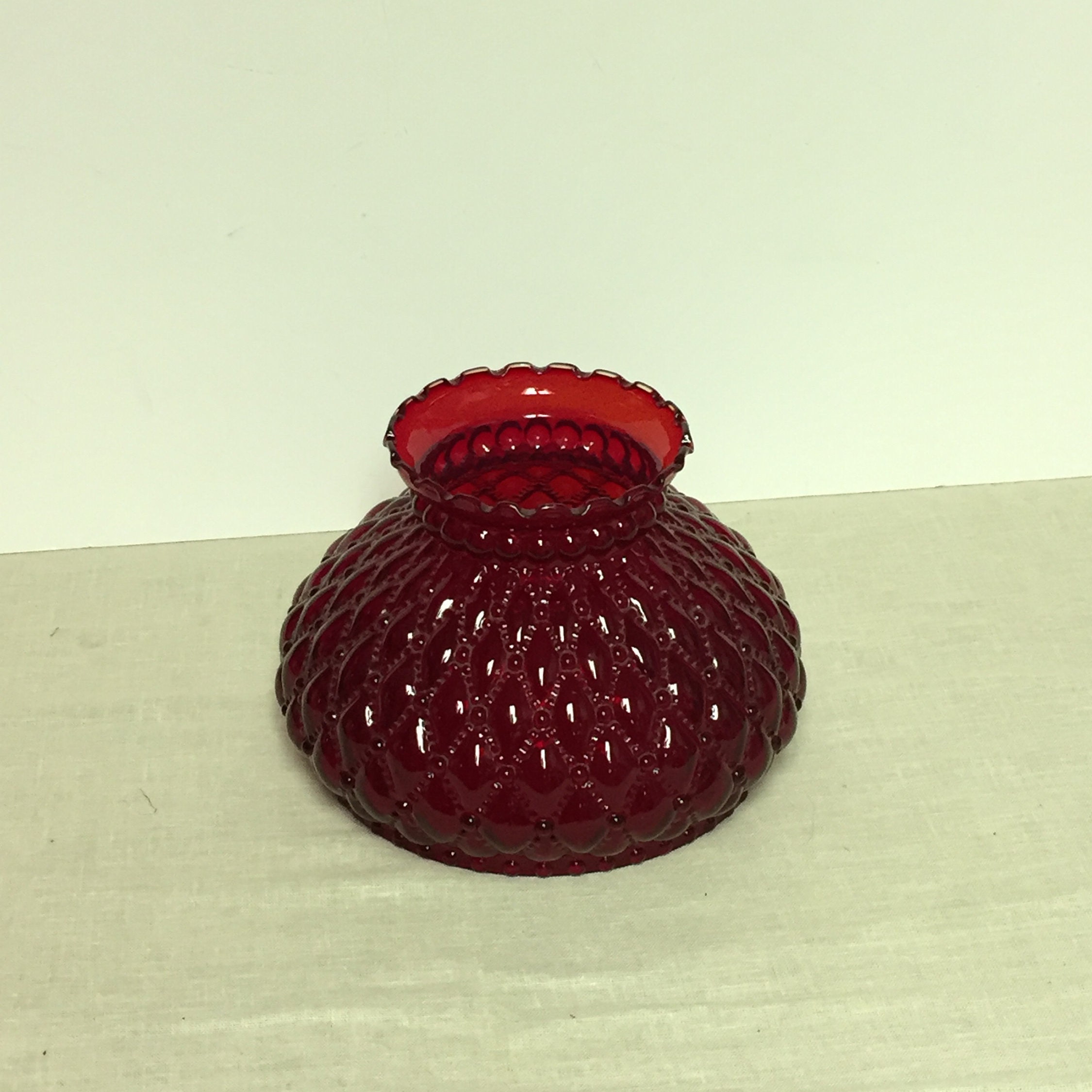 Antique Fenton Ruby Red Diamond Quilt Glass Hurricane Lamp Shade, GWTW Beaded Red Glass Light Shade