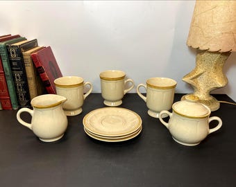 Crown Manor Stoneware Creamer, Sugar Bowl, Coffee Mugs and Saucers