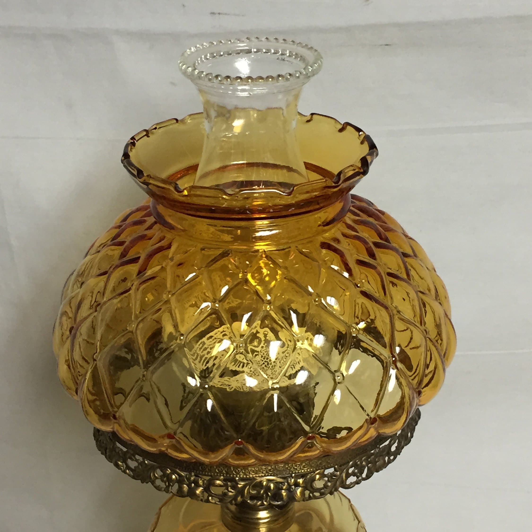 Antique Quilted Amber Glass Electric Hurricane Lamp, Converted Oil Lamp