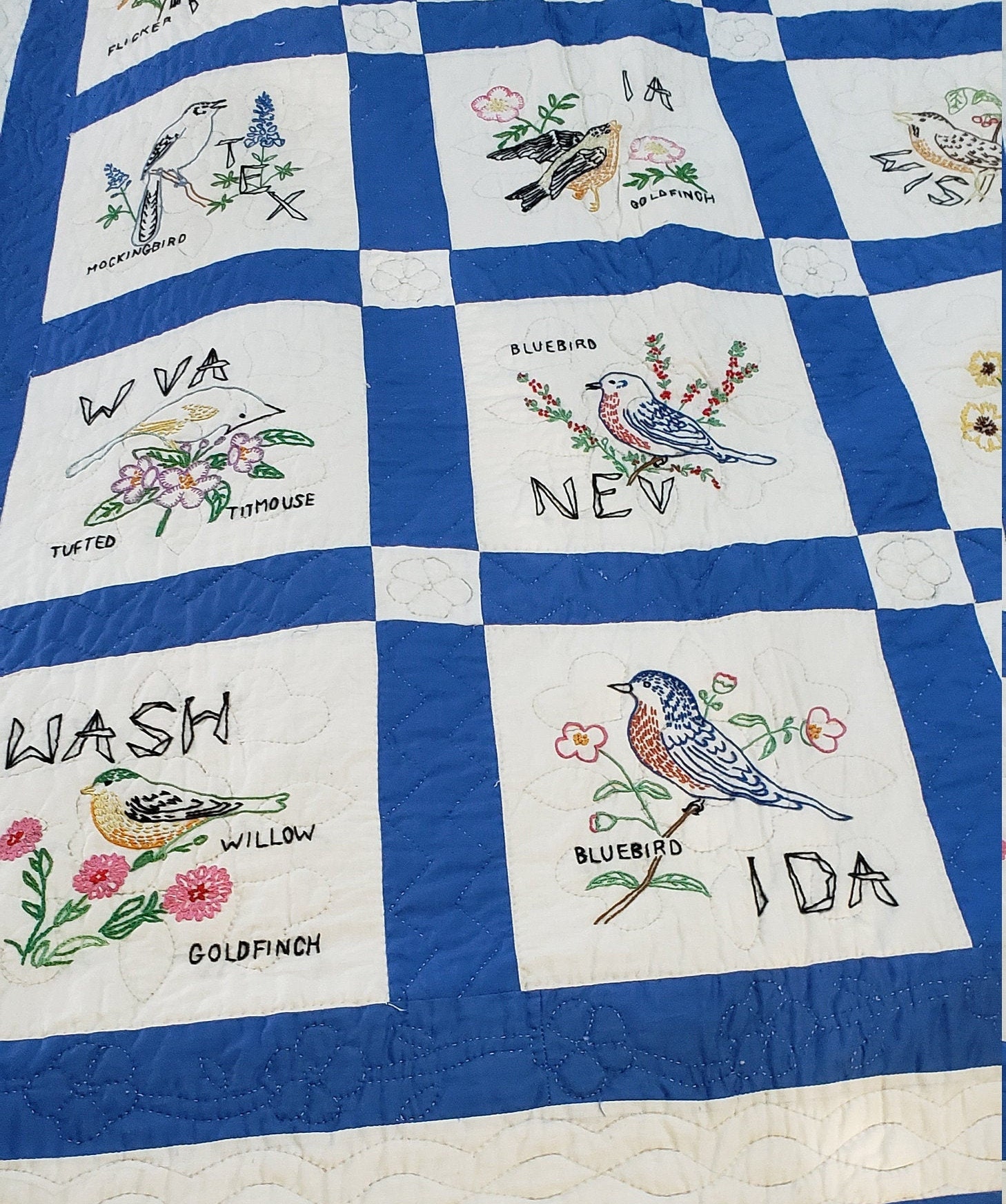 RESERVED Handmade State Bird Quilt with 48 States, Hand Embroidered