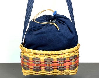 Handmade Split Wood Basket with Blue Fabric Liner and Nylon Strap, Artist Signed