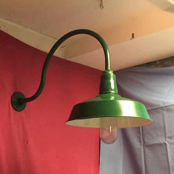 RESERVED For DEB (2) White 12" Porcelain Enamel "Ivanhoe" lights & 1 Green ABOLITE Gooseneck Barn Light