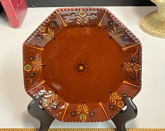 Ned Foltz Redware Pottery Dish, Handmade, Penna Dutch German Folk Art, Signed Small Octagonal 6-1/2" Redware Pottery, Made in Lancaster PA