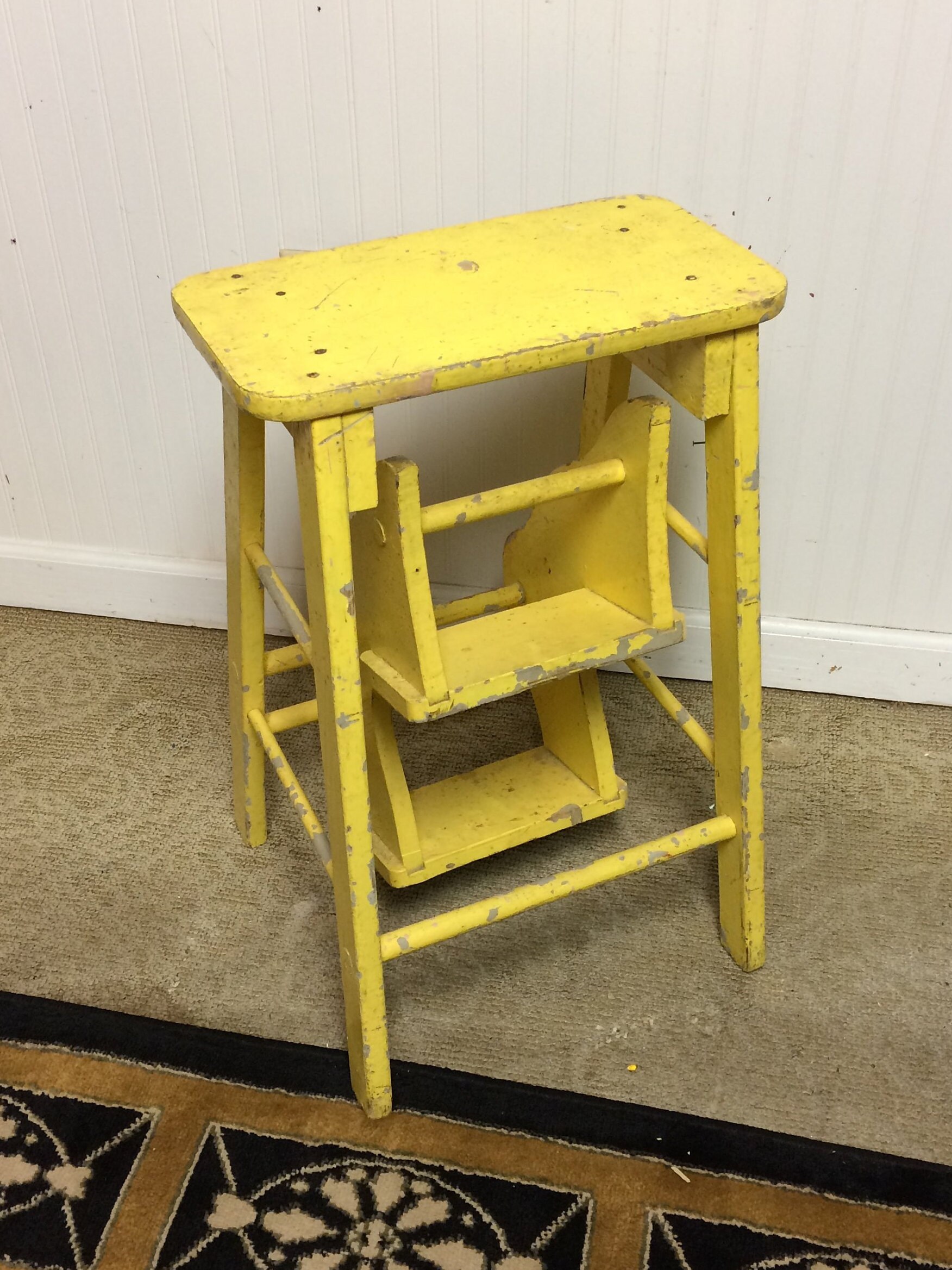 Unique Vintage Yellow Wooden Step Stool with Folding Steps, Display
