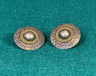 Mexican, Two Tone, Sterling Silver, TC-144, Round, Button Earrings