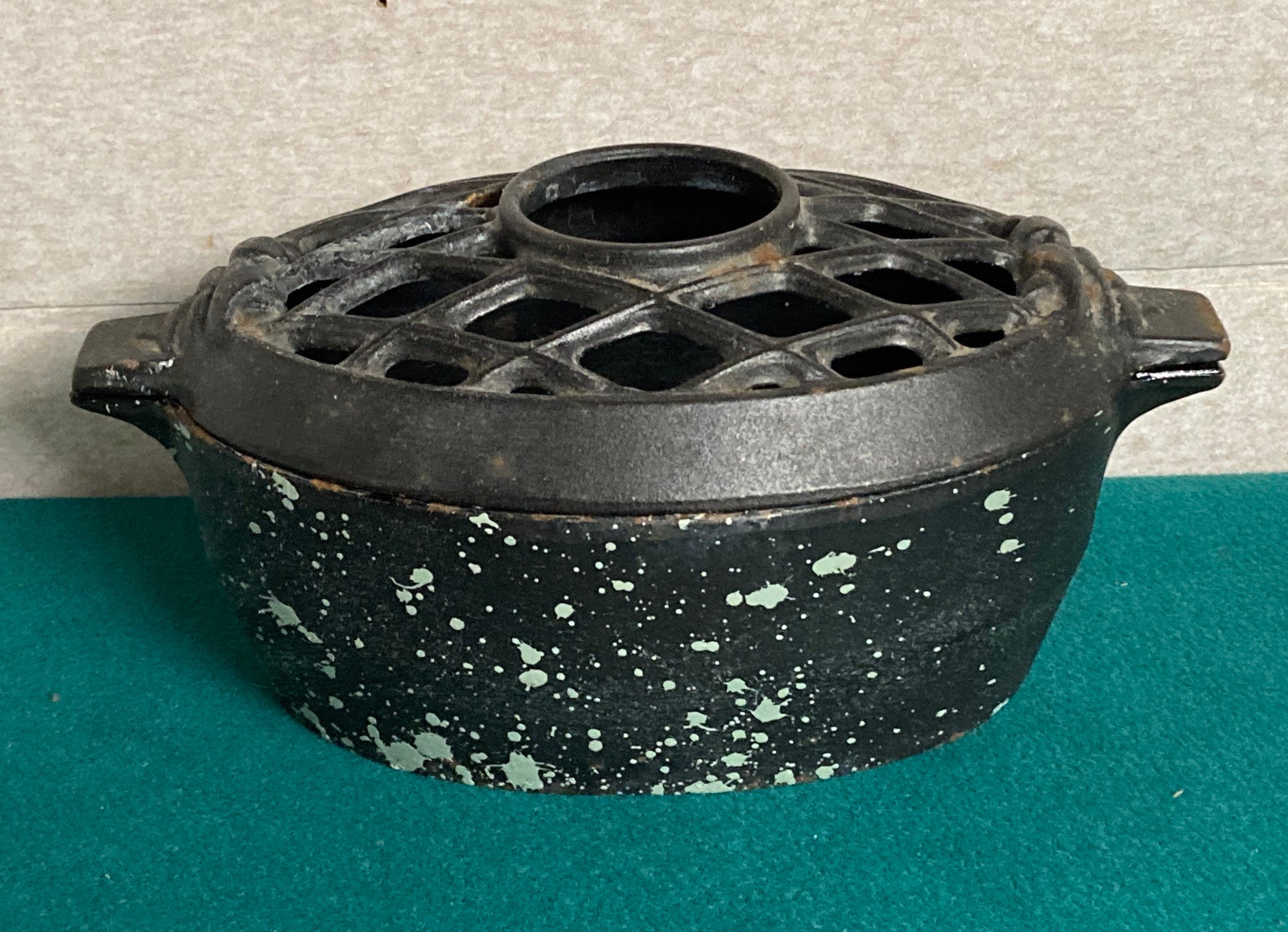 Antique Cast Iron Lattice Top Steamer Pot, Woodstove Humidifier