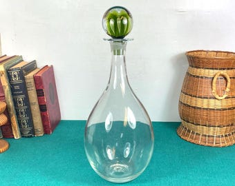 Blenko Decanter with Joel Myers Hand Blown Glass Stopper, Rare Green and Clear Controlled Bubble Stopper