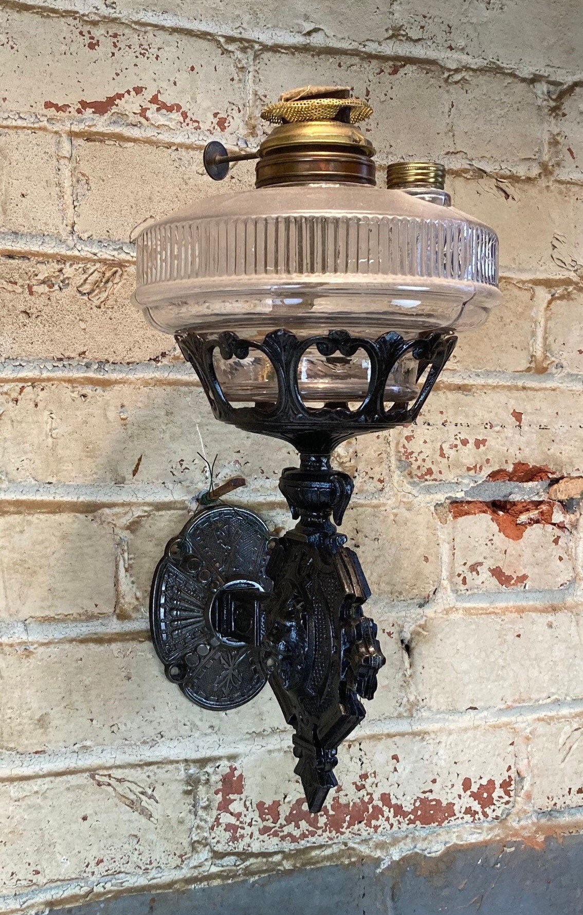 Vintage Black Cast Iron Lion Head Oil Lamp Wall Sconce