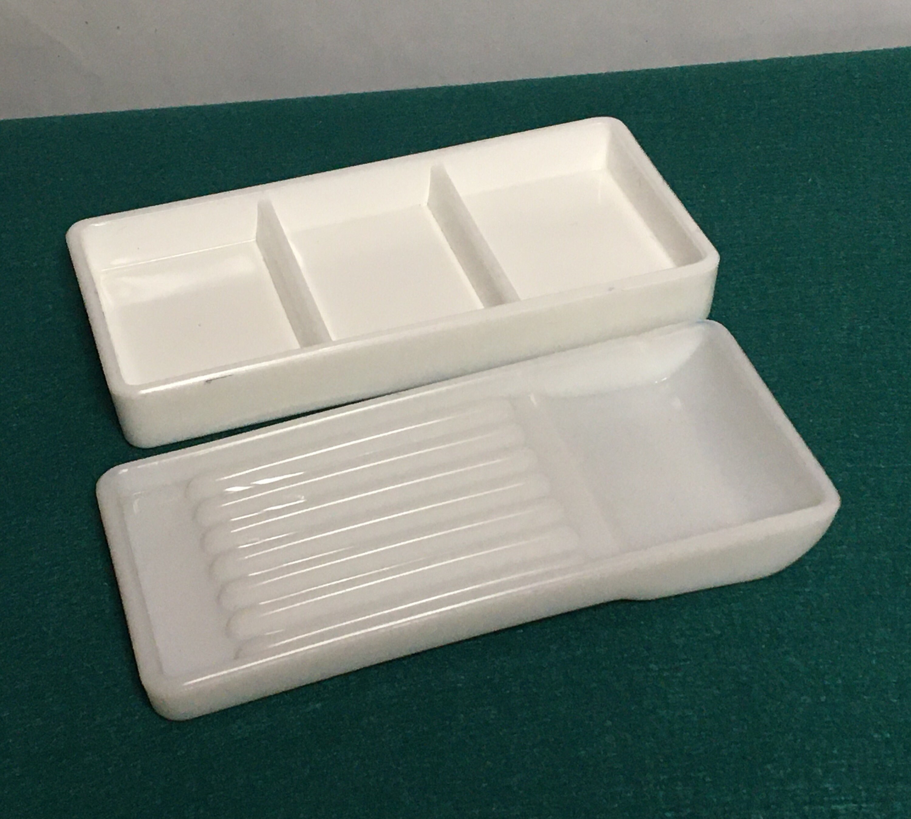 2 Antique Milk Glass Dental Trays, Valtronic Corporation, USA, Art Deco