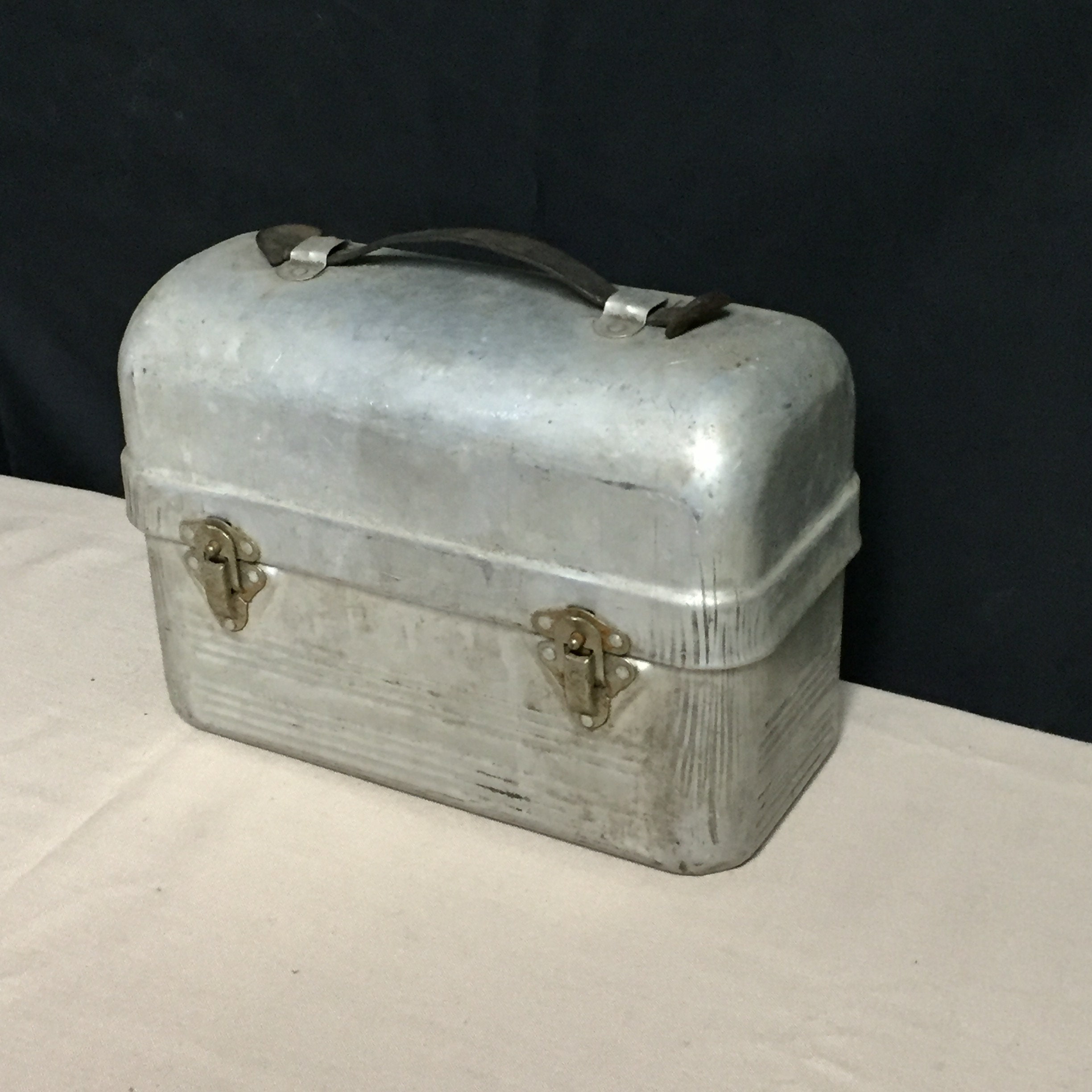Vintage Primitive Aluminum Lunch Box With Leather Handle, SANITKIT Non