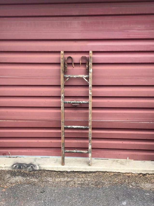 Antique 54 Green Wooden Blanket Ladder with Unusual Hardware and Chippy
