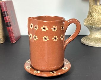 Portugal Redware Pottery Sangria Pitcher with Underplate, Dotted Flowers