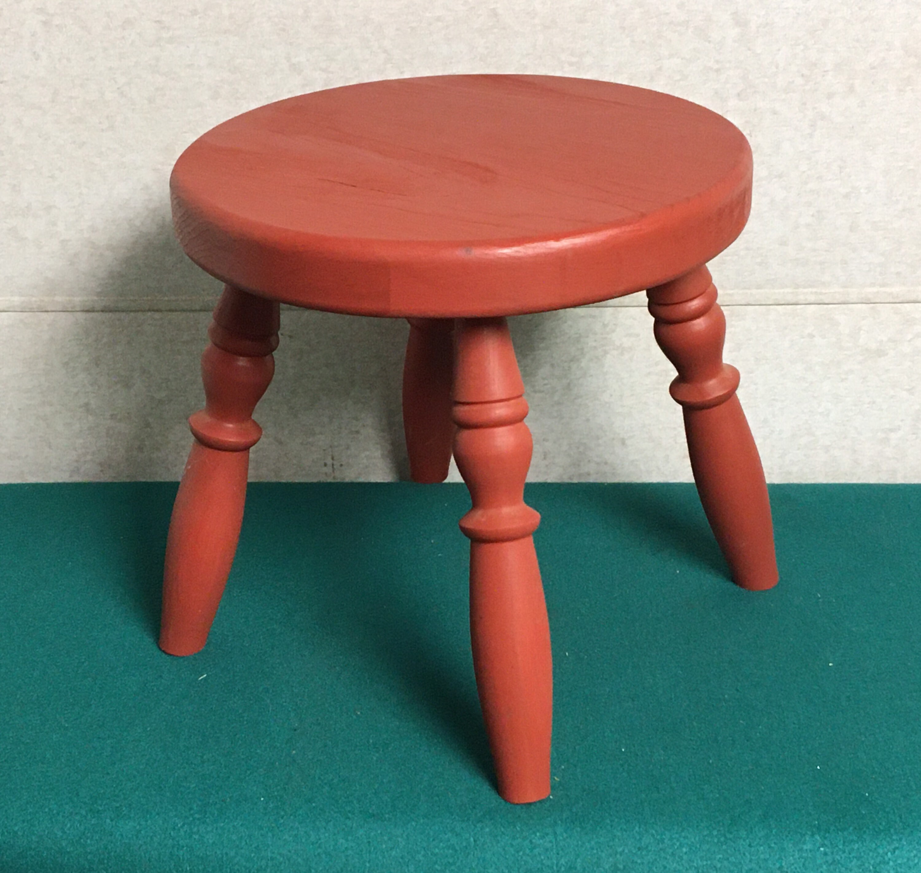 Vintage, Red, Four Legged Wooden Milking Stool, Small Farm Stool