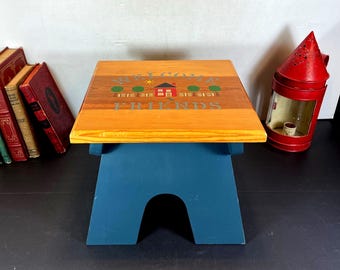 1990's Handmade Folk Art Wooden Stepstool, Stenciled Top "Welcome Friends"