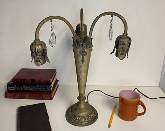 Unusual 1920's Art Nouveau 3-Arm Desk Lamp w/ Flower Petal Socket Covers