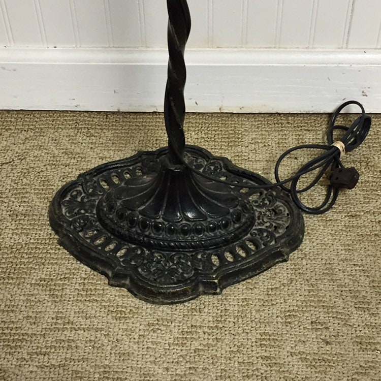 Antique 1920's Black Cast Iron Bridge Arm Floor Lamp with an Ornate