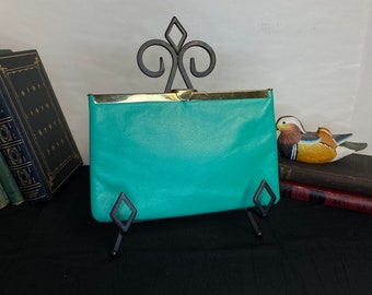 Etra Turquoise  Leather,  Clutch Purse with Gold Tone Chain Strap