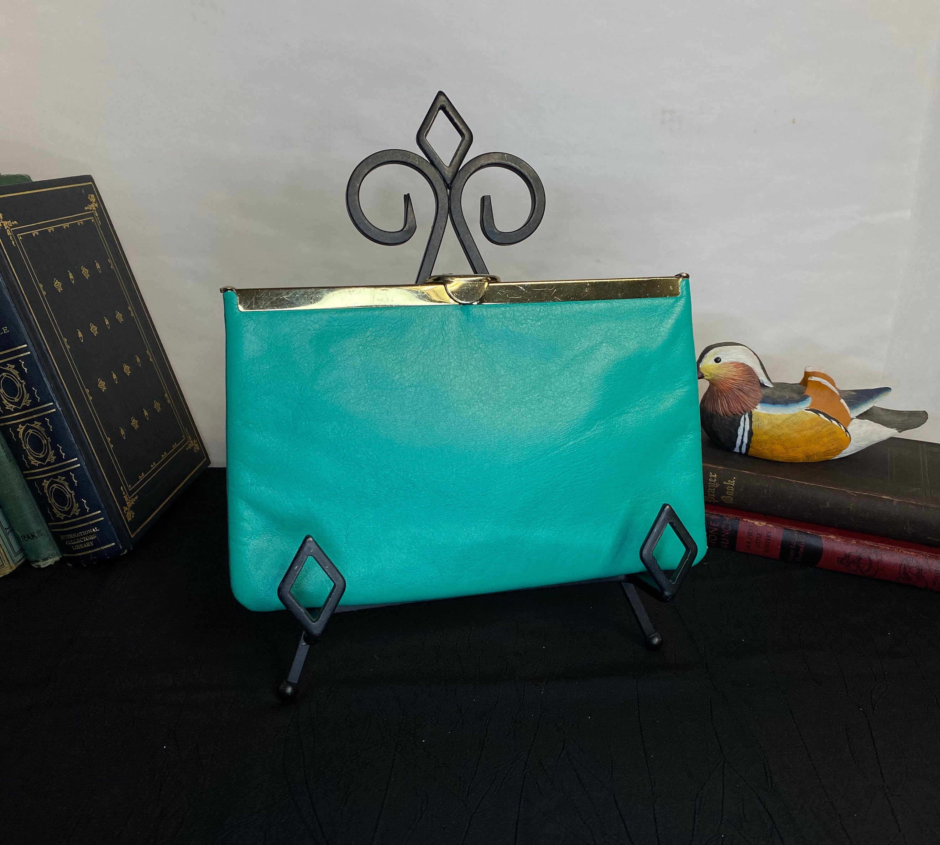 Etra Turquoise Leather, Clutch Purse with Gold Tone Chain Strap