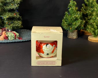 1984 Hallmark Keepsake Glass "Love" Ornament,  Pierrot Clowns and Teddy Bears