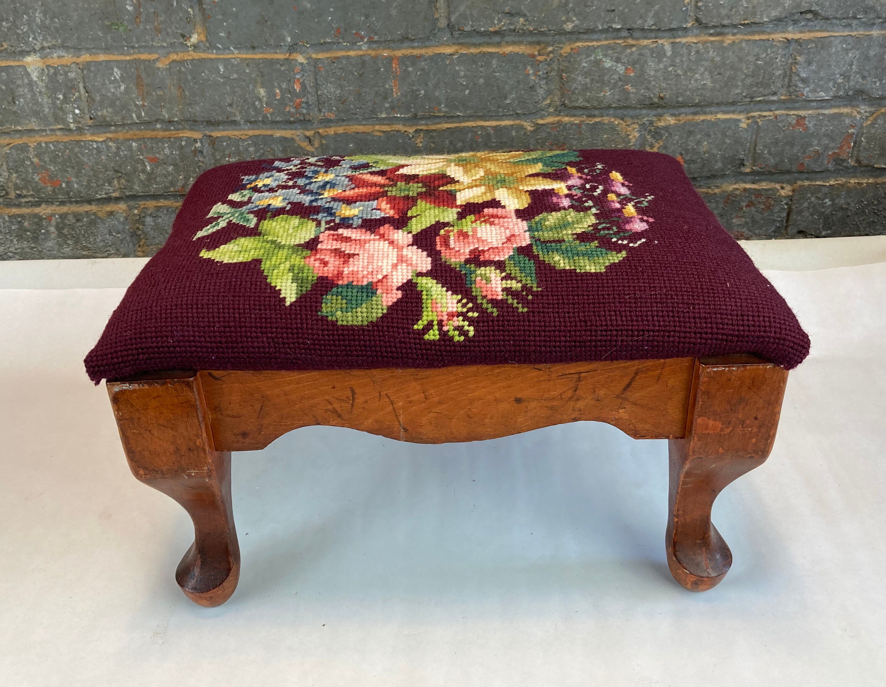 Victorian Floral Needlepoint Footstool, Queen Anne Style Wooden Stool, Padded Needlepoint Top