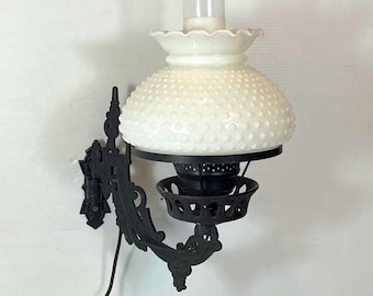 Antique Cast Iron Bracket Hurricane Lamp Sconce, Electrified with Milk Glass Shade