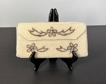 Beaded Clutch Purse with Gray Bead Accents, Made in Japan